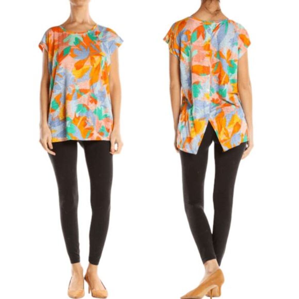 JOIE Multi-Color Tropical Print Linen Cap Sleeve Back‎ Button Down Top Size Med
